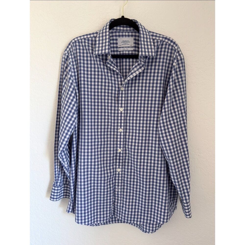 Charles Tyrwhitt Men's Dress Shirt Large Tall Blue White Check Non-Iron